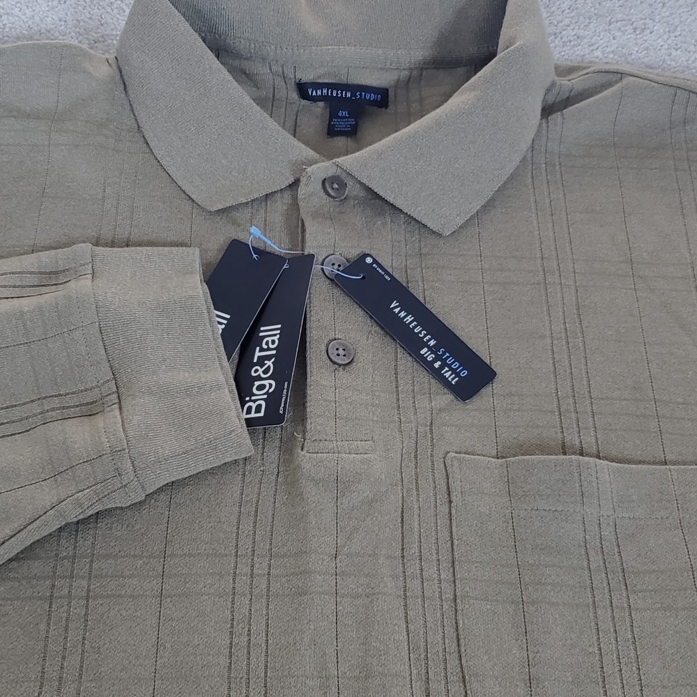 Van Heusen Studio Men's Polo Shirt Size 4XL Tan Windowpane Long Sleeve NWTGS